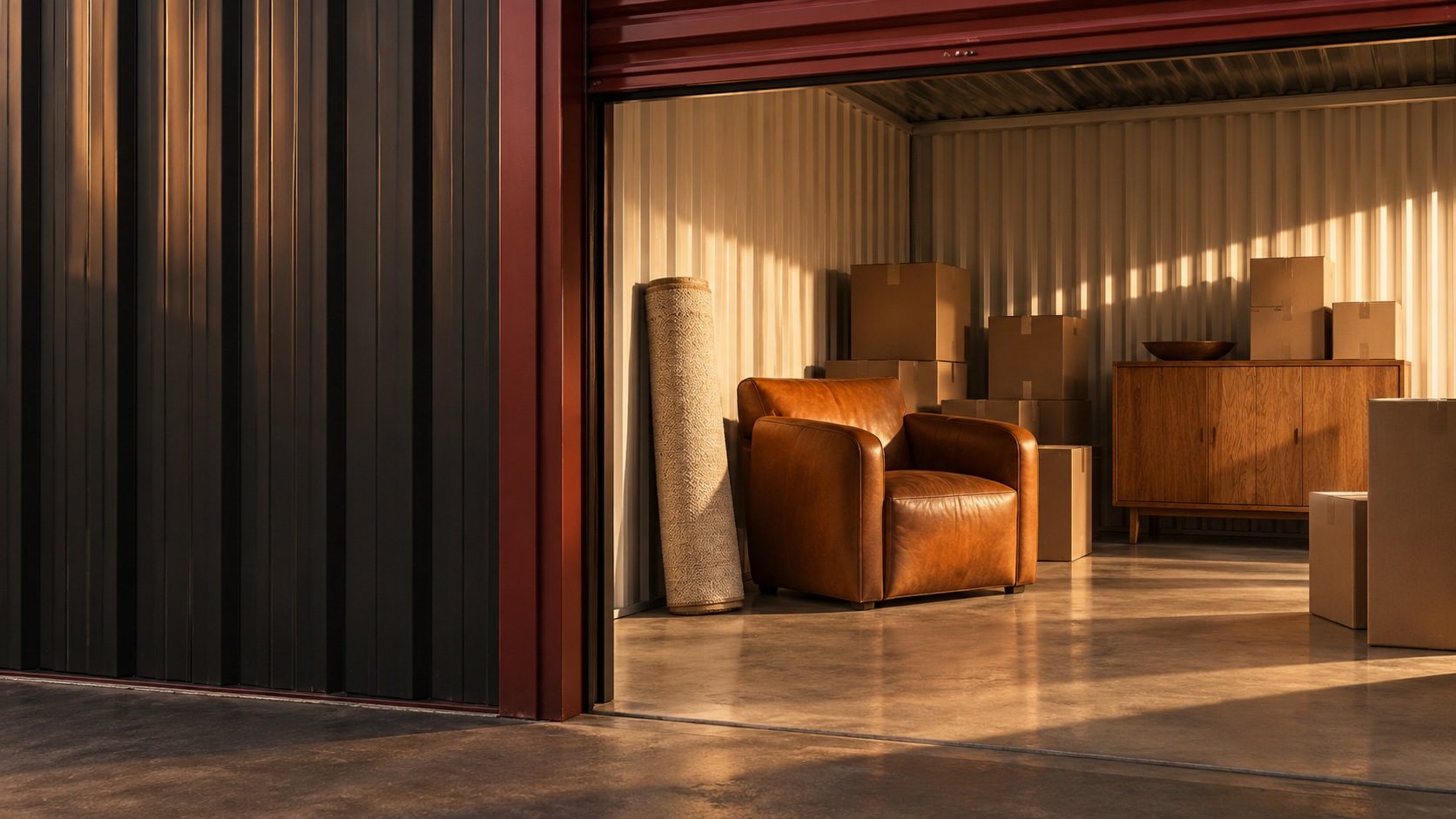 Storage unit interior with brown leather armchair, rolled carpet, wooden furniture and cardboard boxes