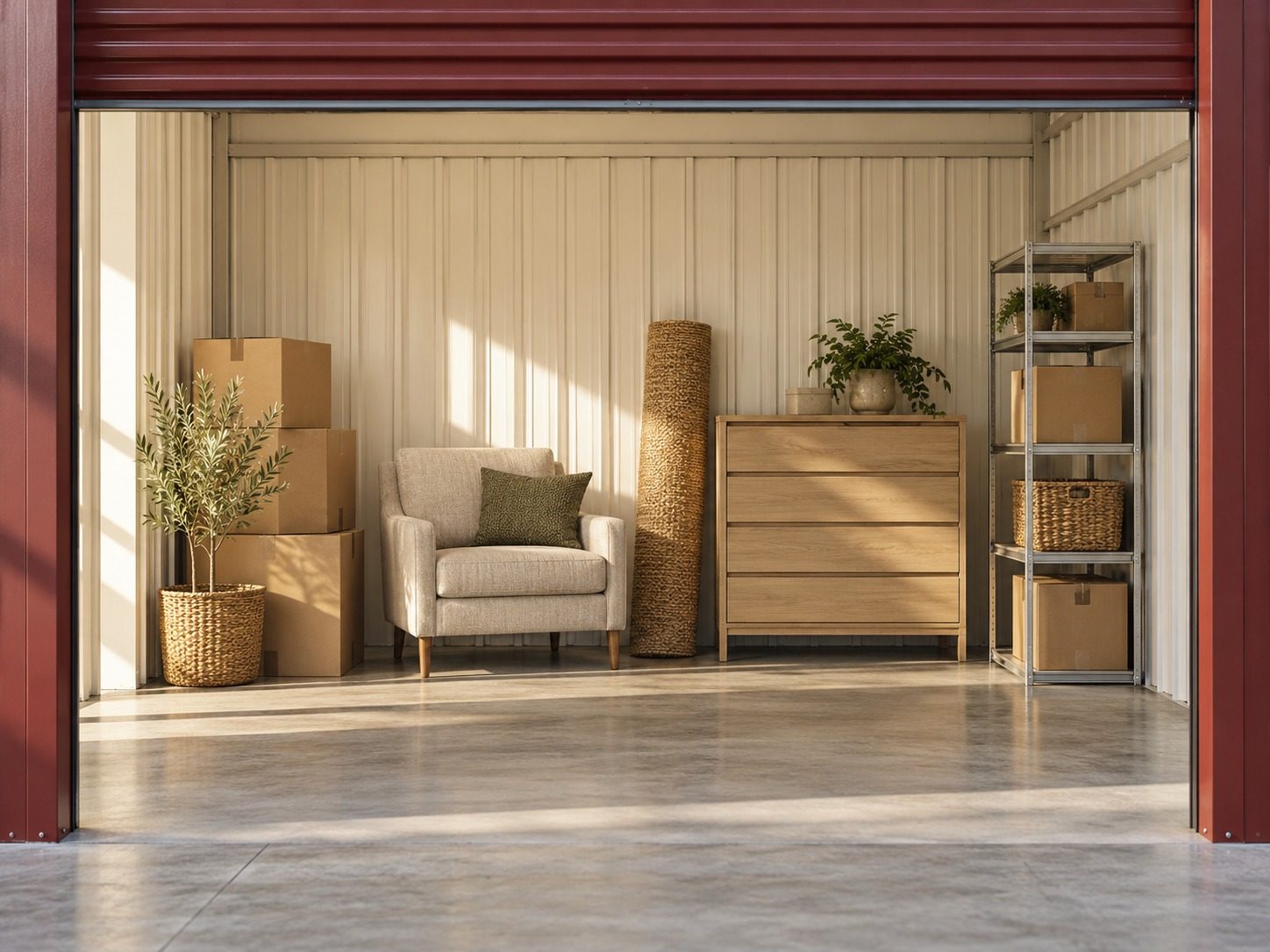 Modern storage unit interior with furniture, cardboard boxes, woven baskets, wooden dresser, shelving unit, and cream armchair